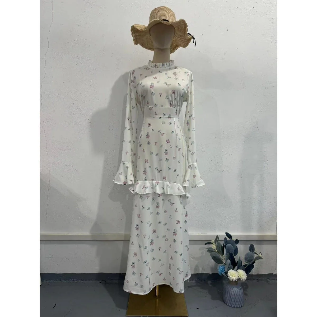 Elegant Bell Sleeve Romantic White Floral Ruffle Maxi Gown Abaya with Cascading Hem (MA226) - Image 5