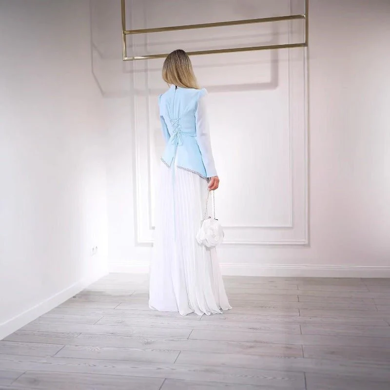 Elegant Blue White Chiffon Evening Dress | High Neck Pleated Maxi Dress(MA298) - Image 4