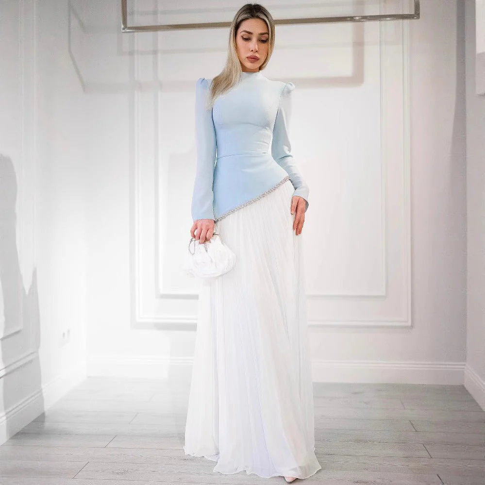 Elegant Blue White Chiffon Evening Dress | High Neck Pleated Maxi Dress(MA298) - Image 5