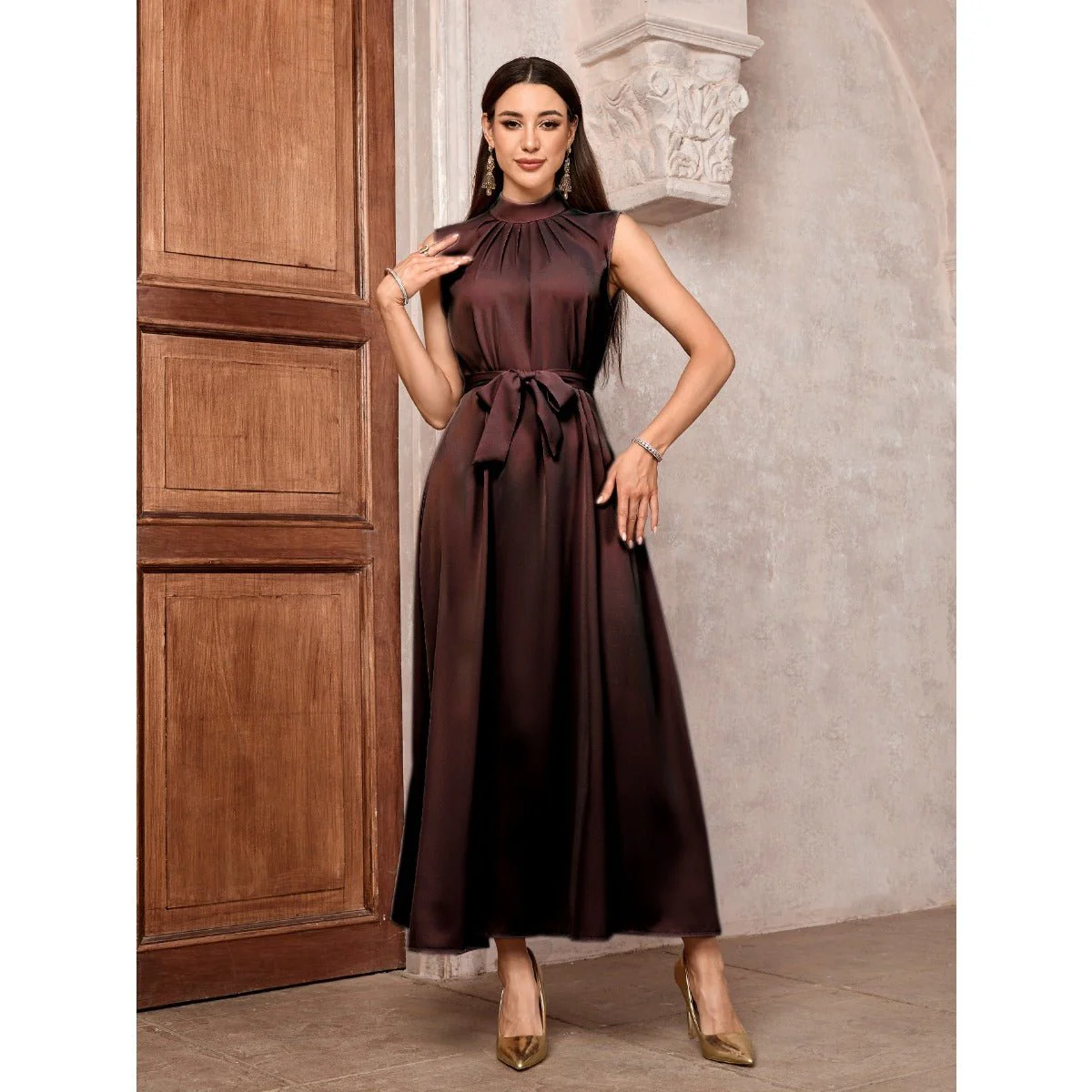 Elegant Brown & Black Bat Sleeve Robe Abaya | Gold Thread Embroidered Maxi Dress with Detachable Belt(MOA215) - Image 11