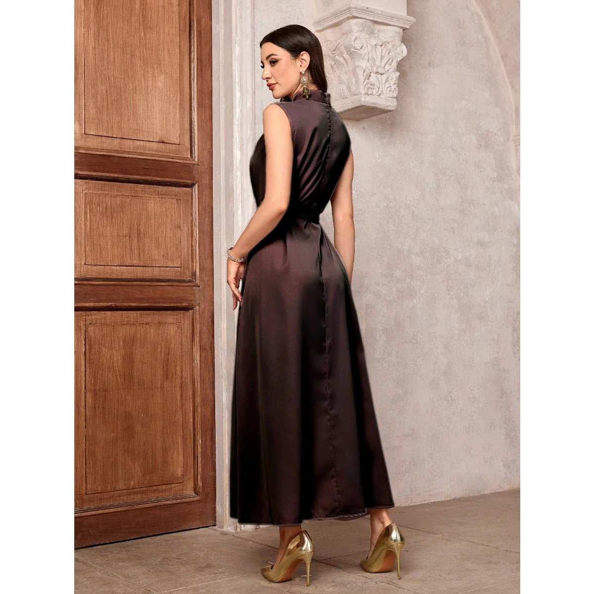Elegant Brown & Black Bat Sleeve Robe Abaya | Gold Thread Embroidered Maxi Dress with Detachable Belt(MOA215) - Image 12