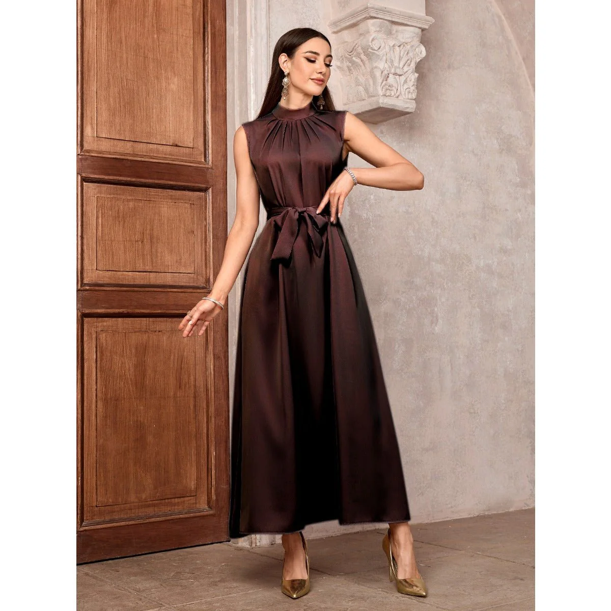 Elegant Brown & Black Bat Sleeve Robe Abaya | Gold Thread Embroidered Maxi Dress with Detachable Belt(MOA215) - Image 13