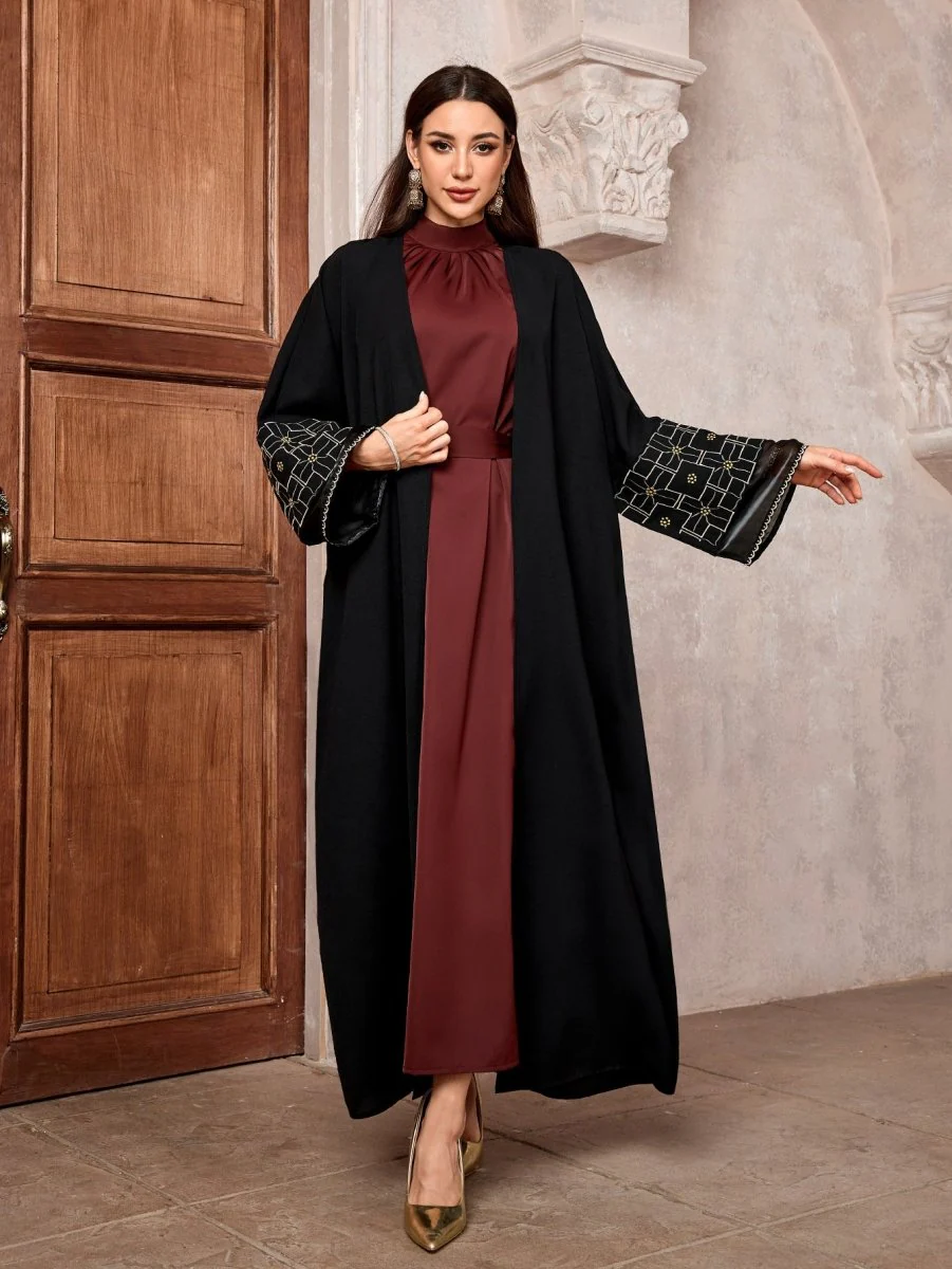 Elegant Brown & Black Bat Sleeve Robe Abaya | Gold Thread Embroidered Maxi Dress with Detachable Belt(MOA215) - Image 14