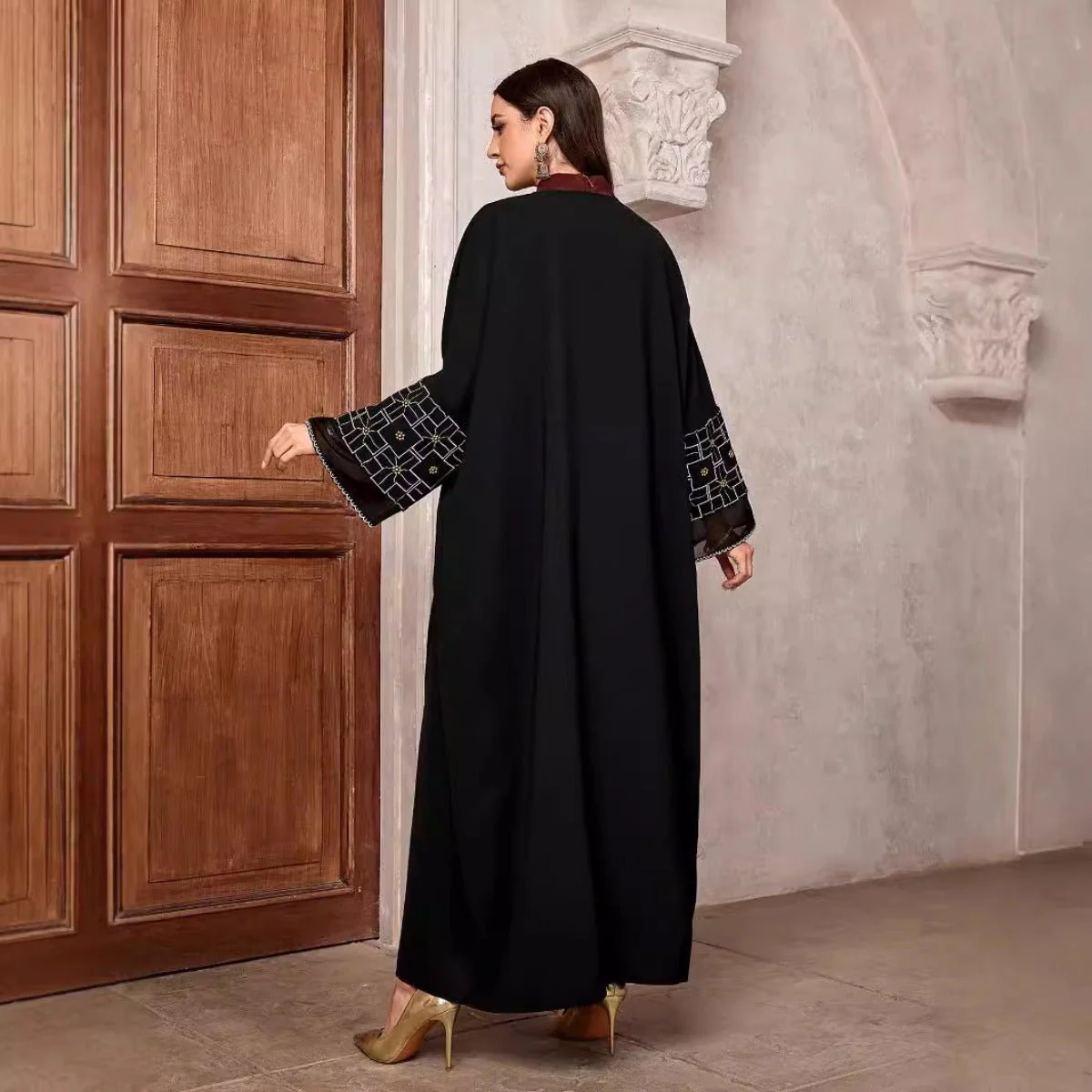 Elegant Brown & Black Bat Sleeve Robe Abaya | Gold Thread Embroidered Maxi Dress with Detachable Belt(MOA215) - Image 2