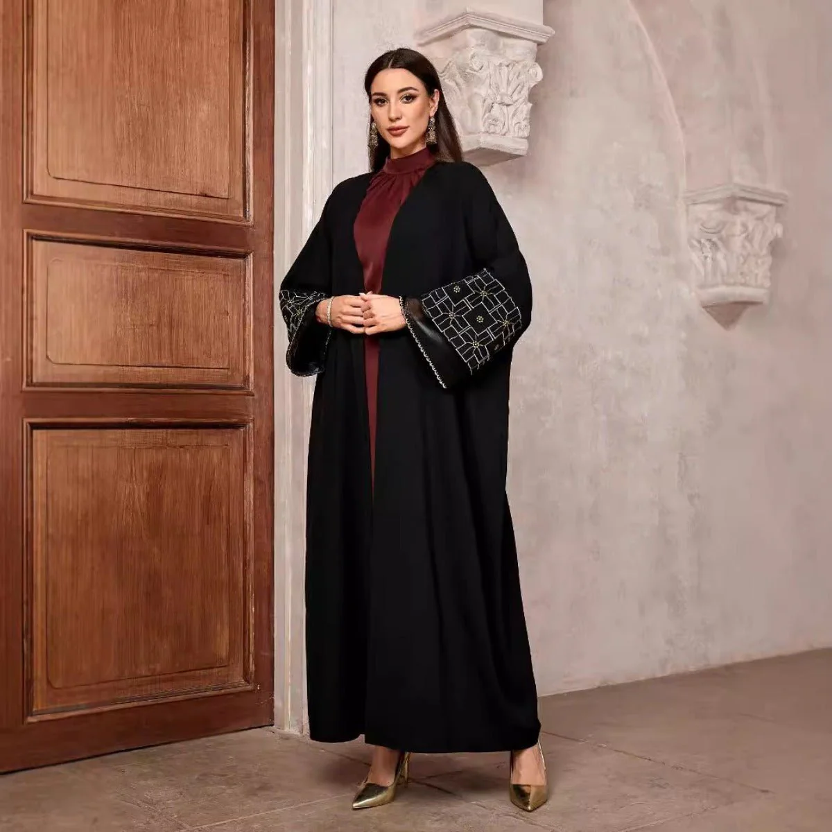 Elegant Brown & Black Bat Sleeve Robe Abaya | Gold Thread Embroidered Maxi Dress with Detachable Belt(MOA215) - Image 3