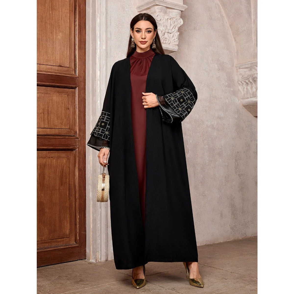 Elegant Brown & Black Bat Sleeve Robe Abaya | Gold Thread Embroidered Maxi Dress with Detachable Belt(MOA215) - Image 4