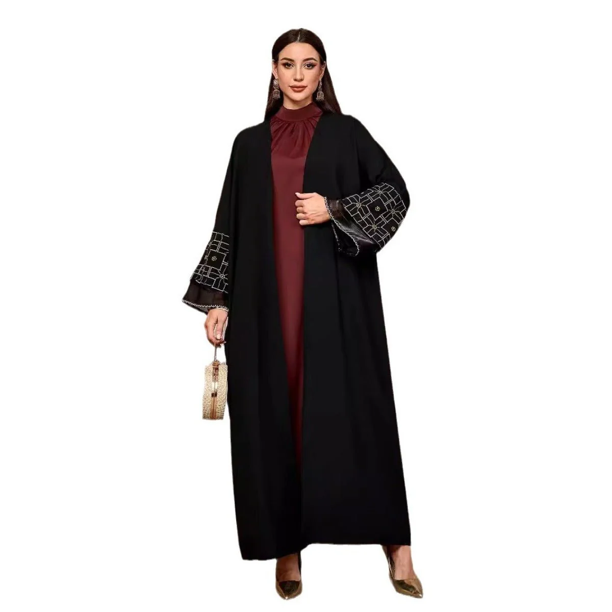 Elegant Brown & Black Bat Sleeve Robe Abaya | Gold Thread Embroidered Maxi Dress with Detachable Belt(MOA215) - Image 5