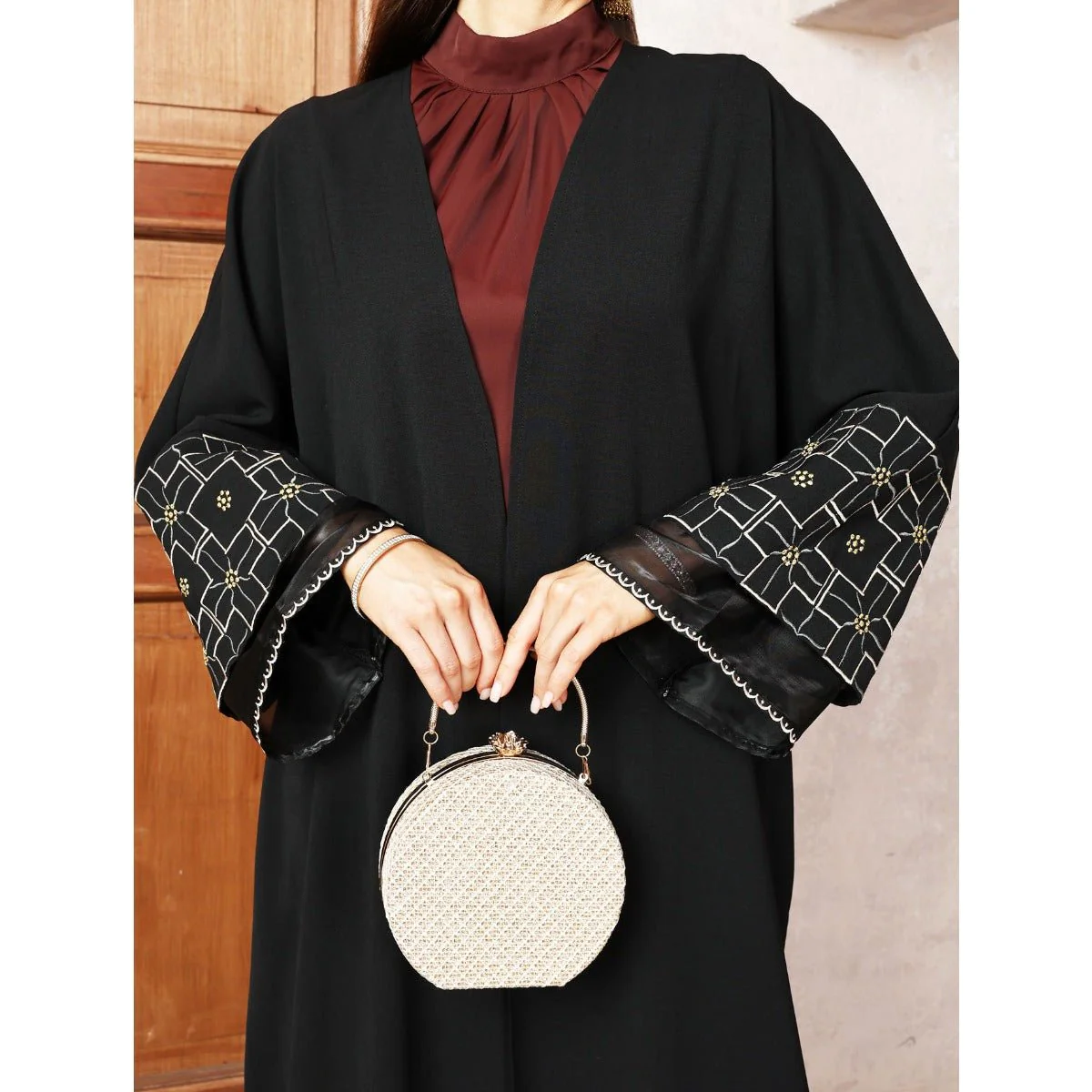 Elegant Brown & Black Bat Sleeve Robe Abaya | Gold Thread Embroidered Maxi Dress with Detachable Belt(MOA215) - Image 6