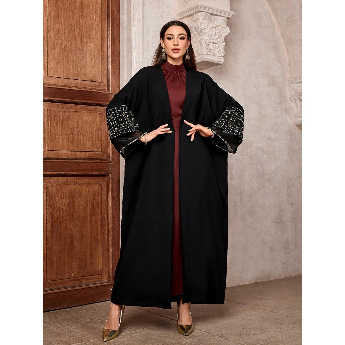 Elegant Brown & Black Bat Sleeve Robe Abaya | Gold Thread Embroidered Maxi Dress with Detachable Belt(MOA215) - Image 7