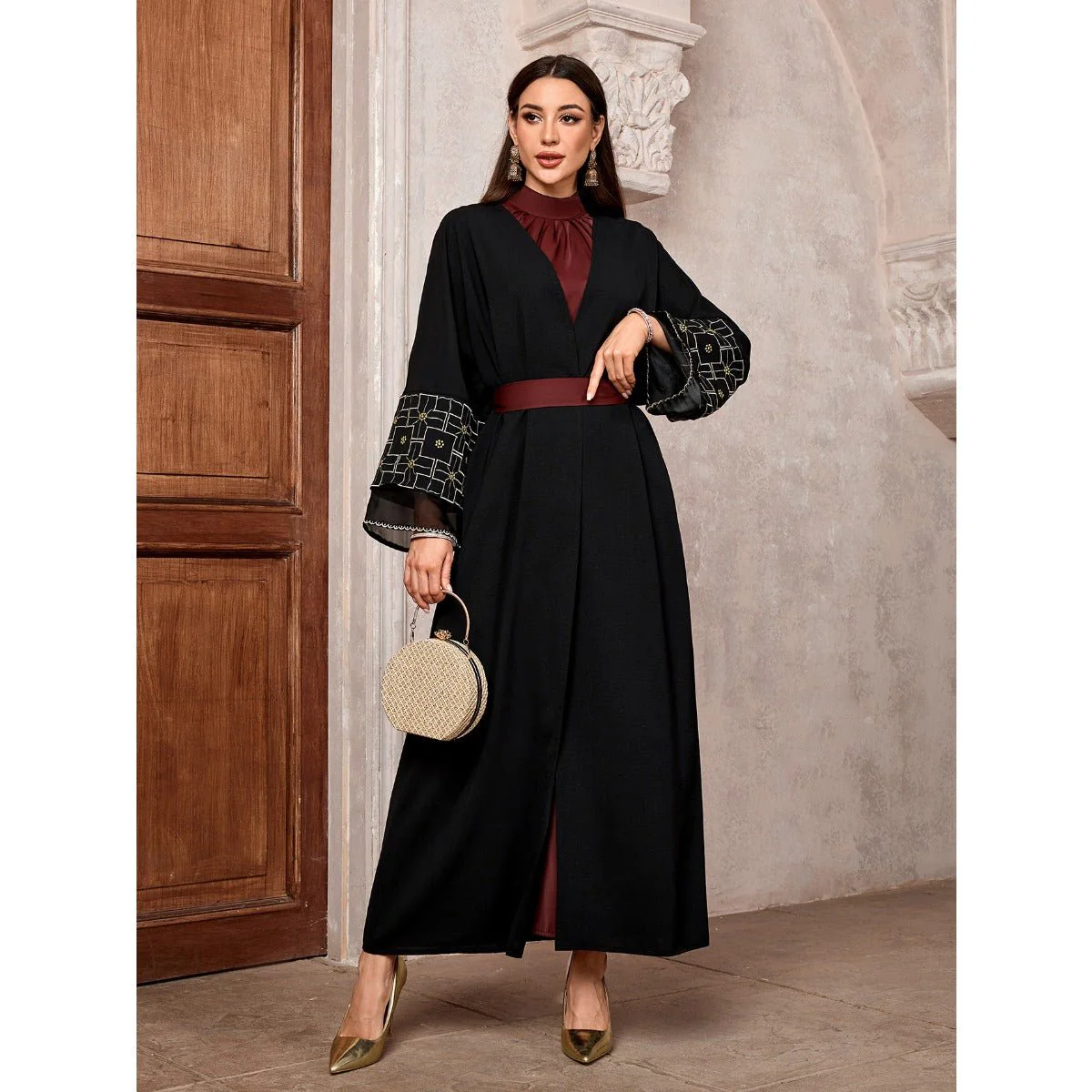 Elegant Brown & Black Bat Sleeve Robe Abaya | Gold Thread Embroidered Maxi Dress with Detachable Belt(MOA215) - Image 8