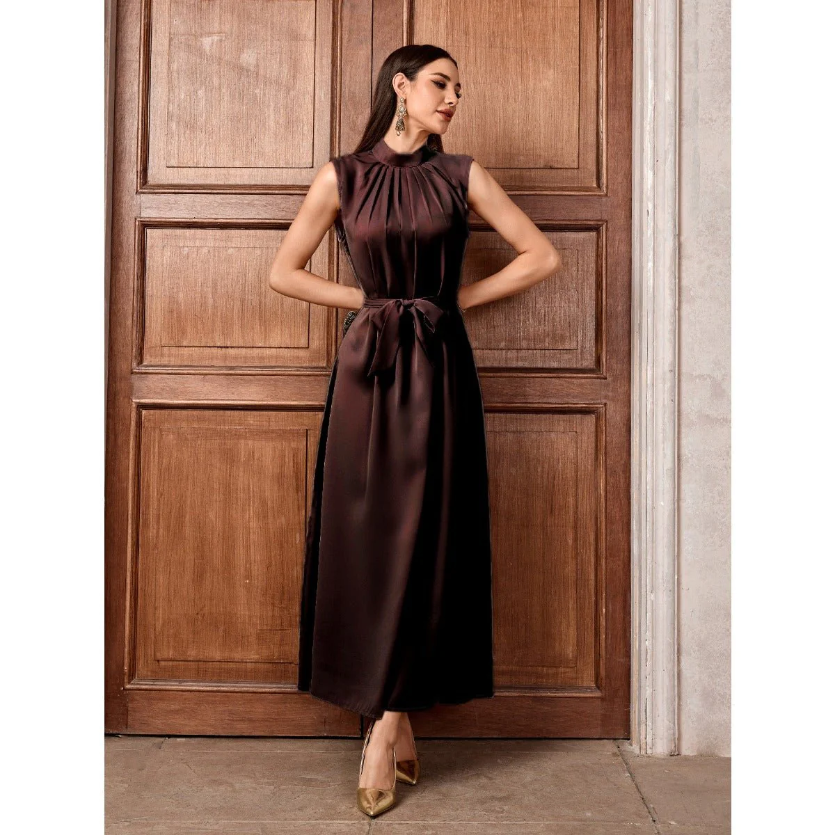Elegant Brown & Black Bat Sleeve Robe Abaya | Gold Thread Embroidered Maxi Dress with Detachable Belt(MOA215) - Image 9