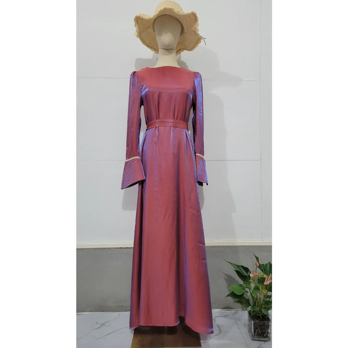 Elegant Burgundy Glitter Satin Long Sleeve Ball Gown with Flared Cuffs (MA223) - Image 10