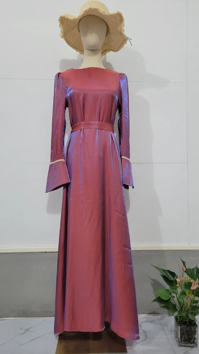 Elegant Burgundy Glitter Satin Long Sleeve Ball Gown with Flared Cuffs (MA223) - Image 11