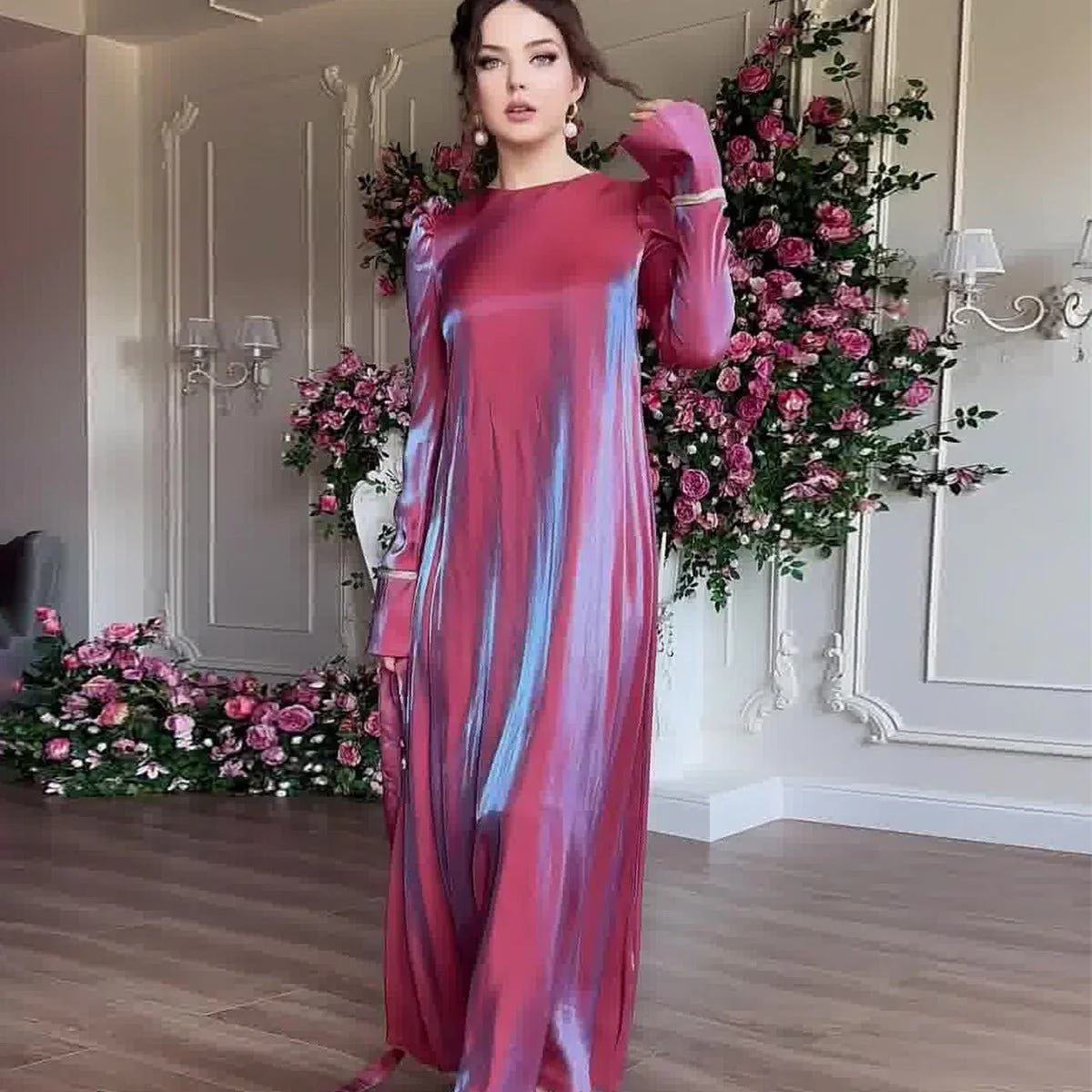 Elegant Burgundy Glitter Satin Long Sleeve Ball Gown with Flared Cuffs (MA223) - Image 2