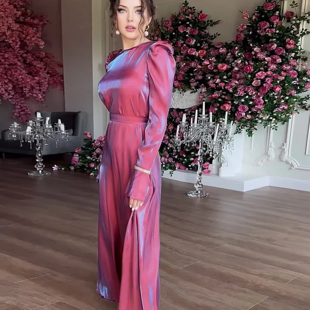 Elegant Burgundy Glitter Satin Long Sleeve Ball Gown with Flared Cuffs (MA223) - Image 3