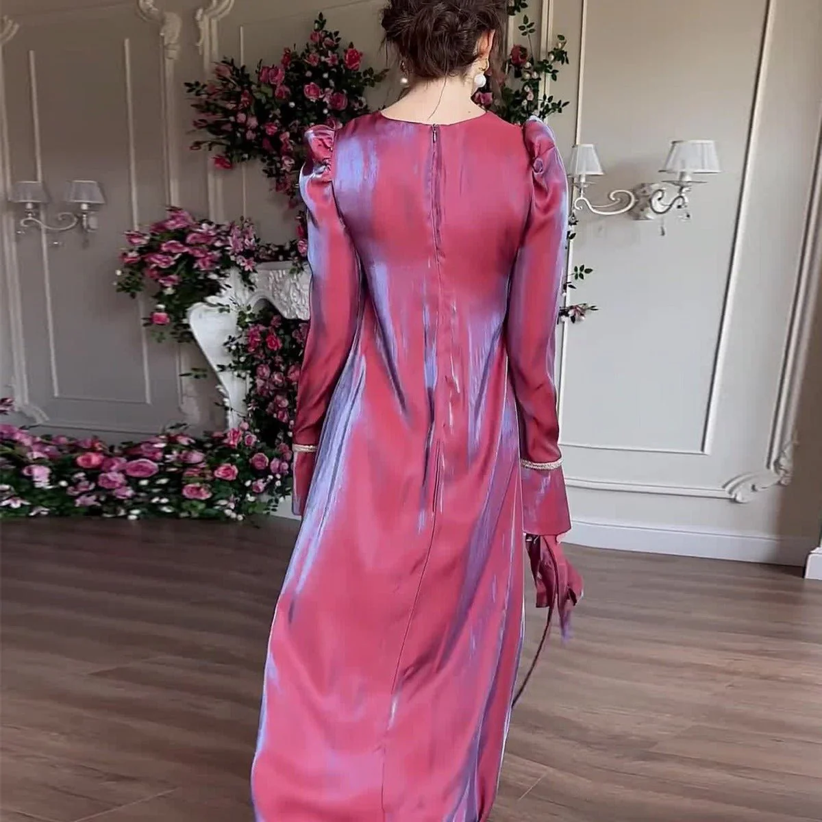 Elegant Burgundy Glitter Satin Long Sleeve Ball Gown with Flared Cuffs (MA223) - Image 4
