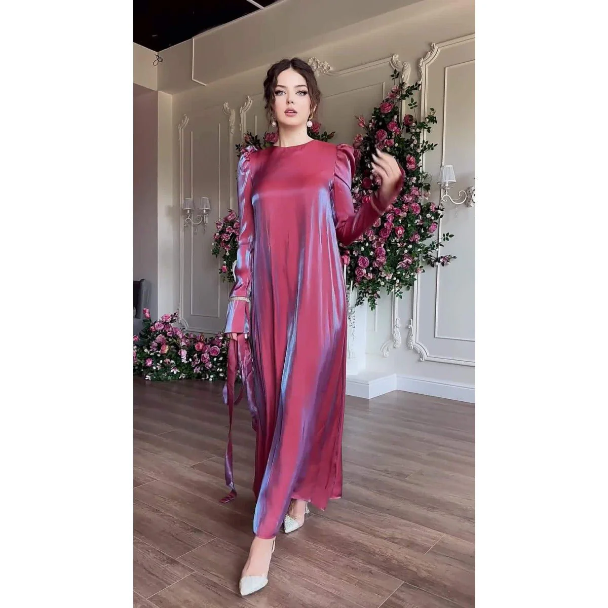 Elegant Burgundy Glitter Satin Long Sleeve Ball Gown with Flared Cuffs (MA223) - Image 5