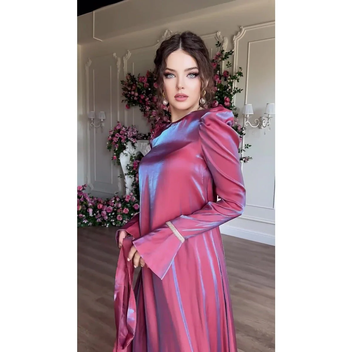 Elegant Burgundy Glitter Satin Long Sleeve Ball Gown with Flared Cuffs (MA223) - Image 6
