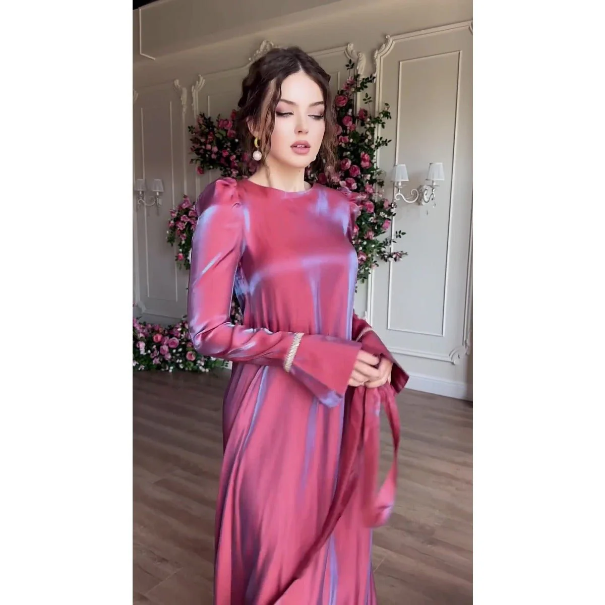 Elegant Burgundy Glitter Satin Long Sleeve Ball Gown with Flared Cuffs (MA223) - Image 7