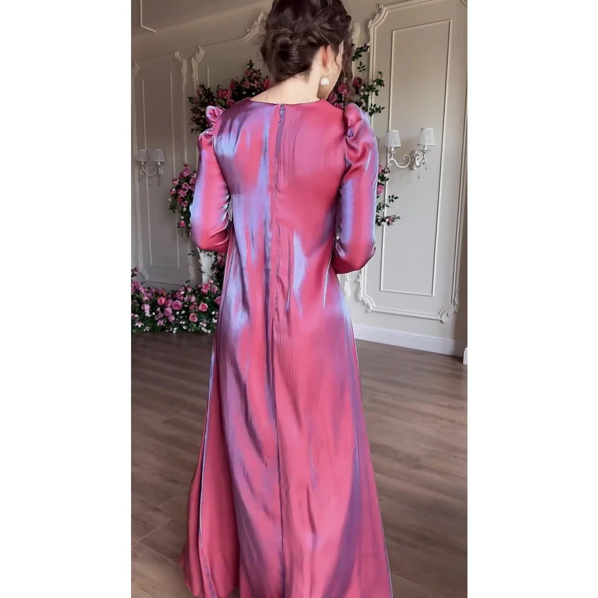Elegant Burgundy Glitter Satin Long Sleeve Ball Gown with Flared Cuffs (MA223) - Image 8