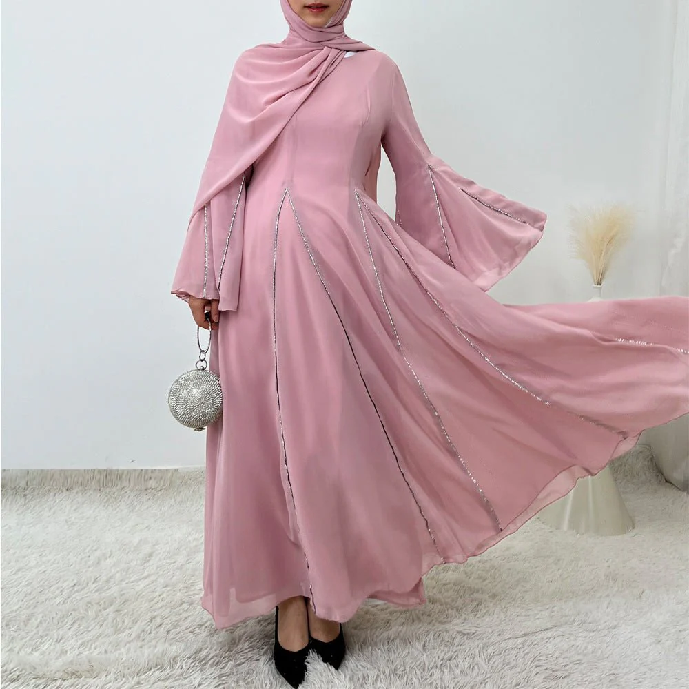 Elegant Chiffon Abaya Set with Hijab | Round Neck Bell Sleeve Maxi Dress with Rhinestone Trim (MA325)