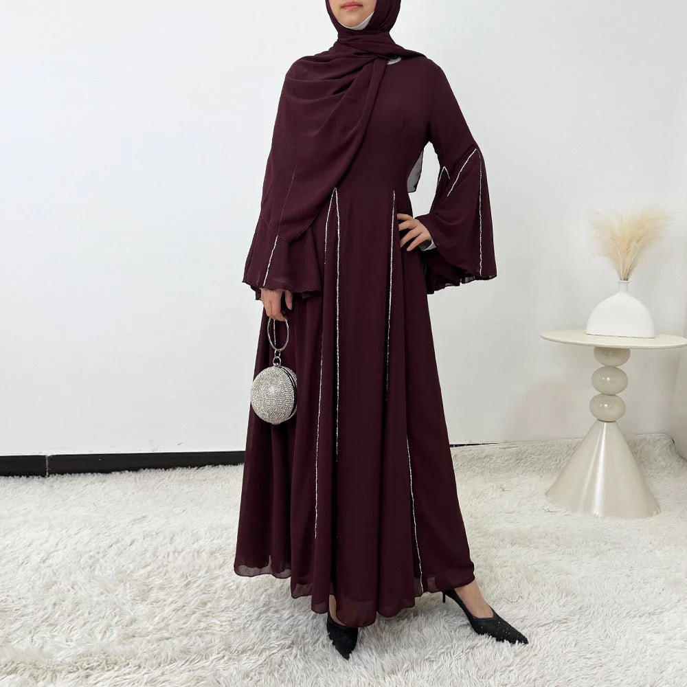 Elegant Chiffon Abaya Set with Hijab | Round Neck Bell Sleeve Maxi Dress with Rhinestone Trim (MA325) - Image 10