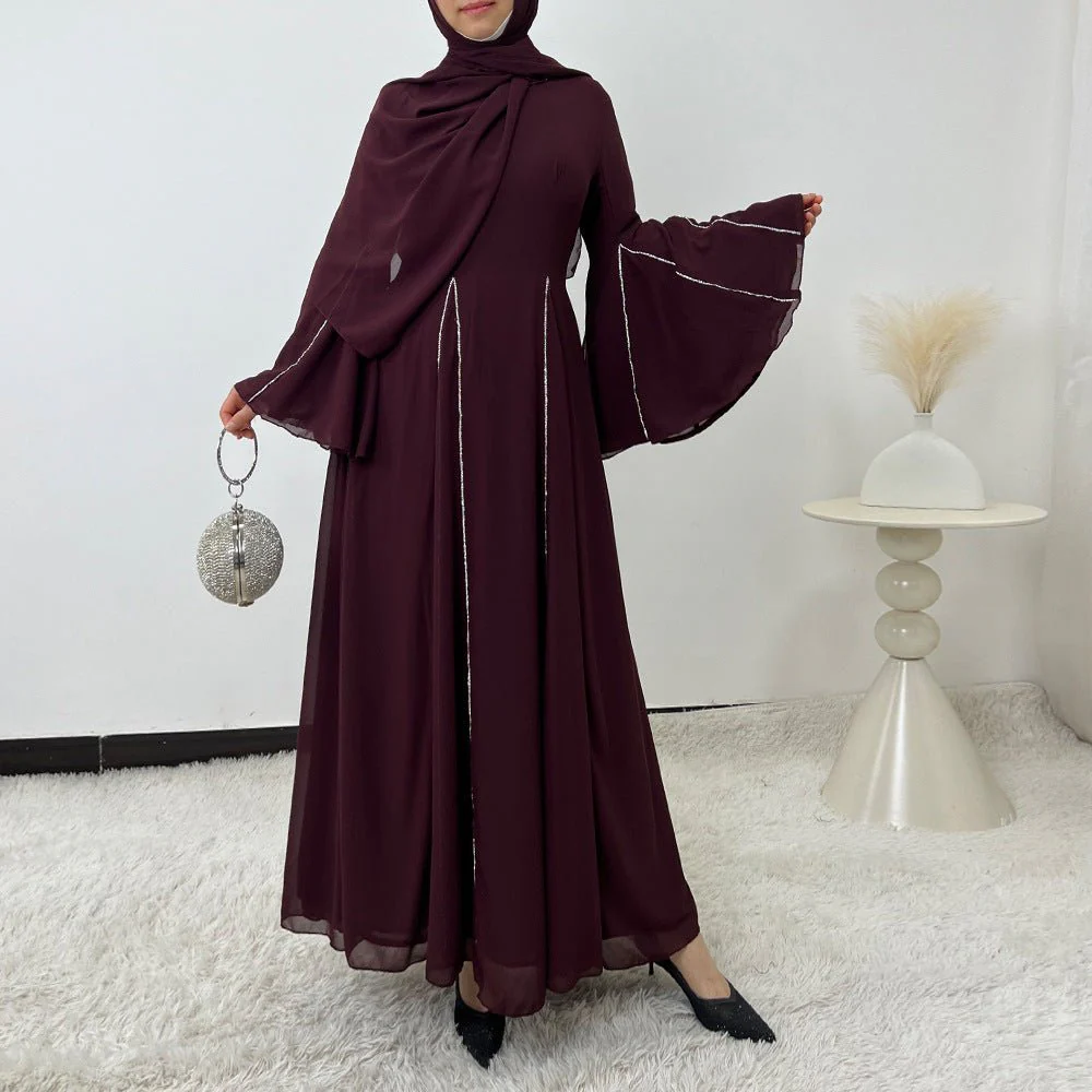 Elegant Chiffon Abaya Set with Hijab | Round Neck Bell Sleeve Maxi Dress with Rhinestone Trim (MA325) - Image 11