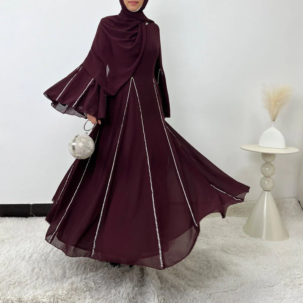 Elegant Chiffon Abaya Set with Hijab | Round Neck Bell Sleeve Maxi Dress with Rhinestone Trim (MA325) - Image 12