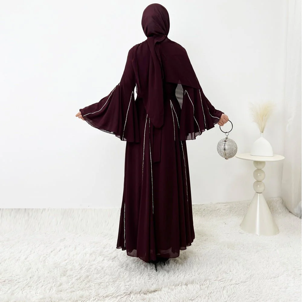 Elegant Chiffon Abaya Set with Hijab | Round Neck Bell Sleeve Maxi Dress with Rhinestone Trim (MA325) - Image 13