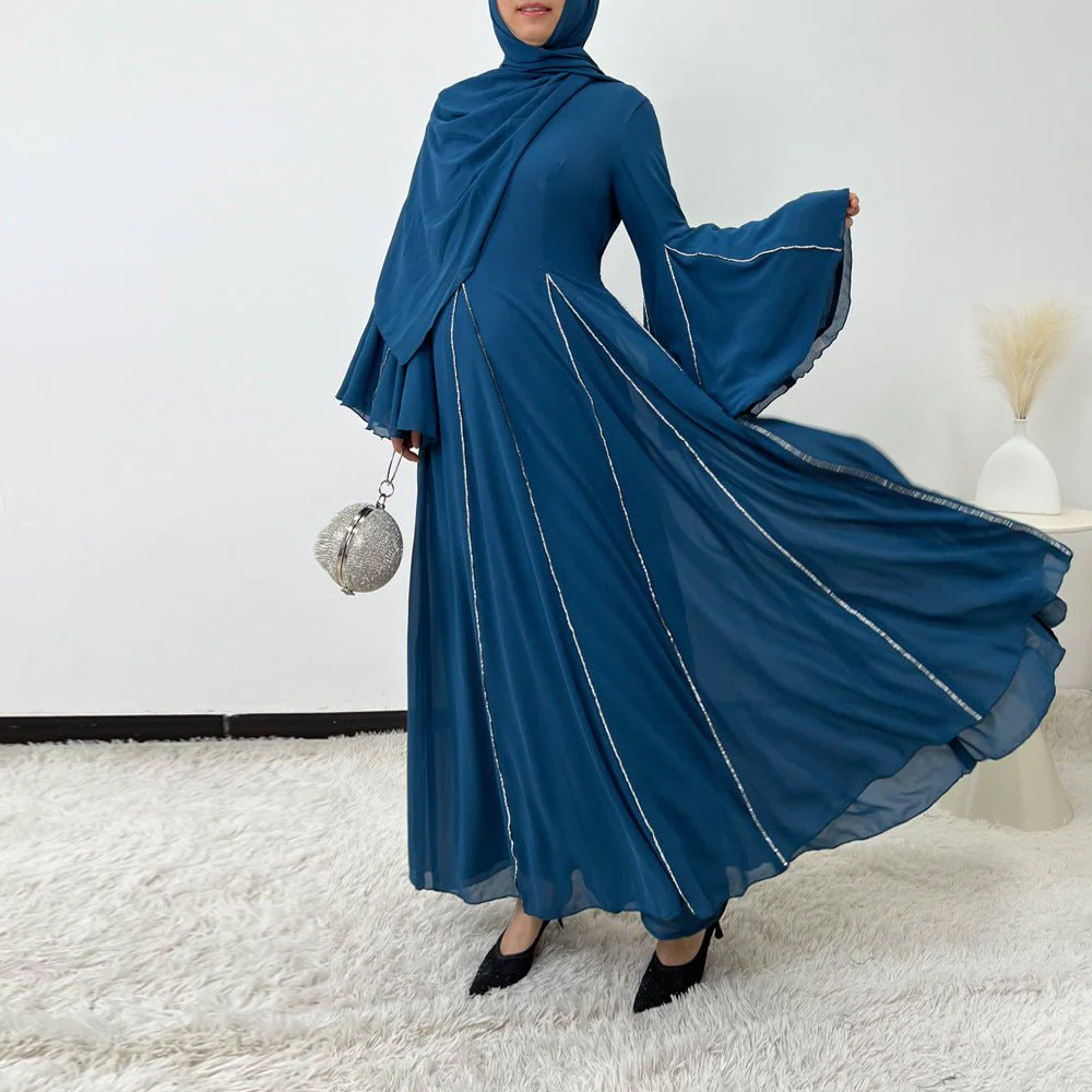 Elegant Chiffon Abaya Set with Hijab | Round Neck Bell Sleeve Maxi Dress with Rhinestone Trim (MA325) - Image 14