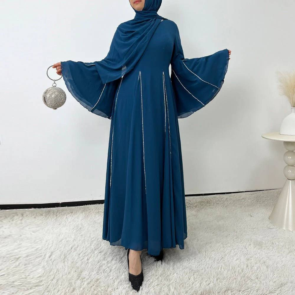 Elegant Chiffon Abaya Set with Hijab | Round Neck Bell Sleeve Maxi Dress with Rhinestone Trim (MA325) - Image 15