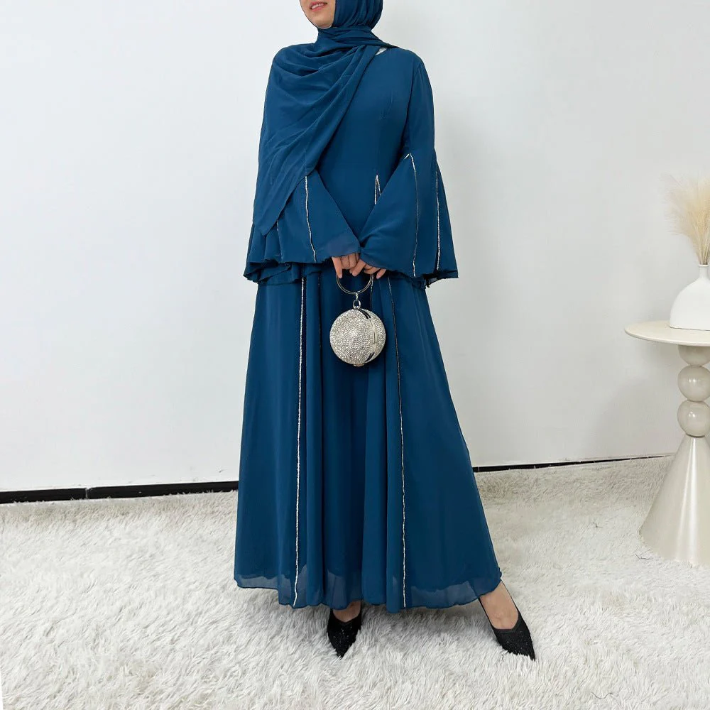 Elegant Chiffon Abaya Set with Hijab | Round Neck Bell Sleeve Maxi Dress with Rhinestone Trim (MA325) - Image 16