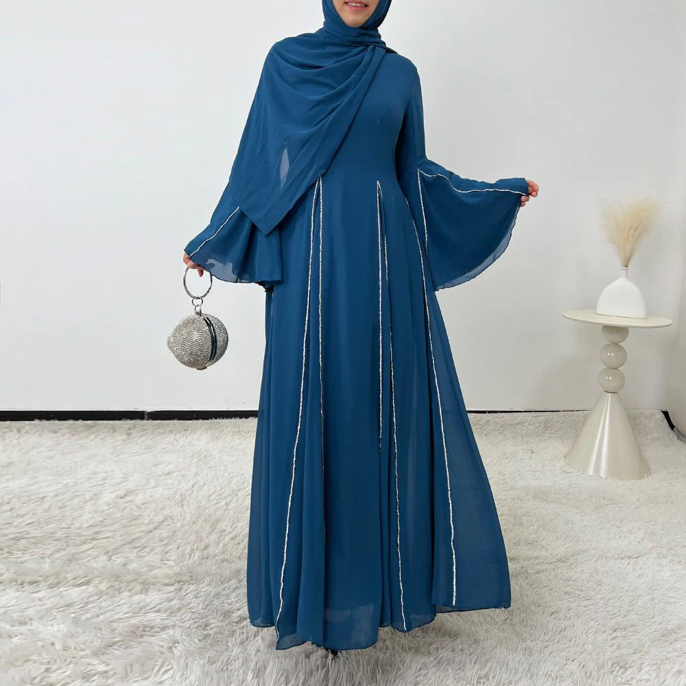 Elegant Chiffon Abaya Set with Hijab | Round Neck Bell Sleeve Maxi Dress with Rhinestone Trim (MA325) - Image 17