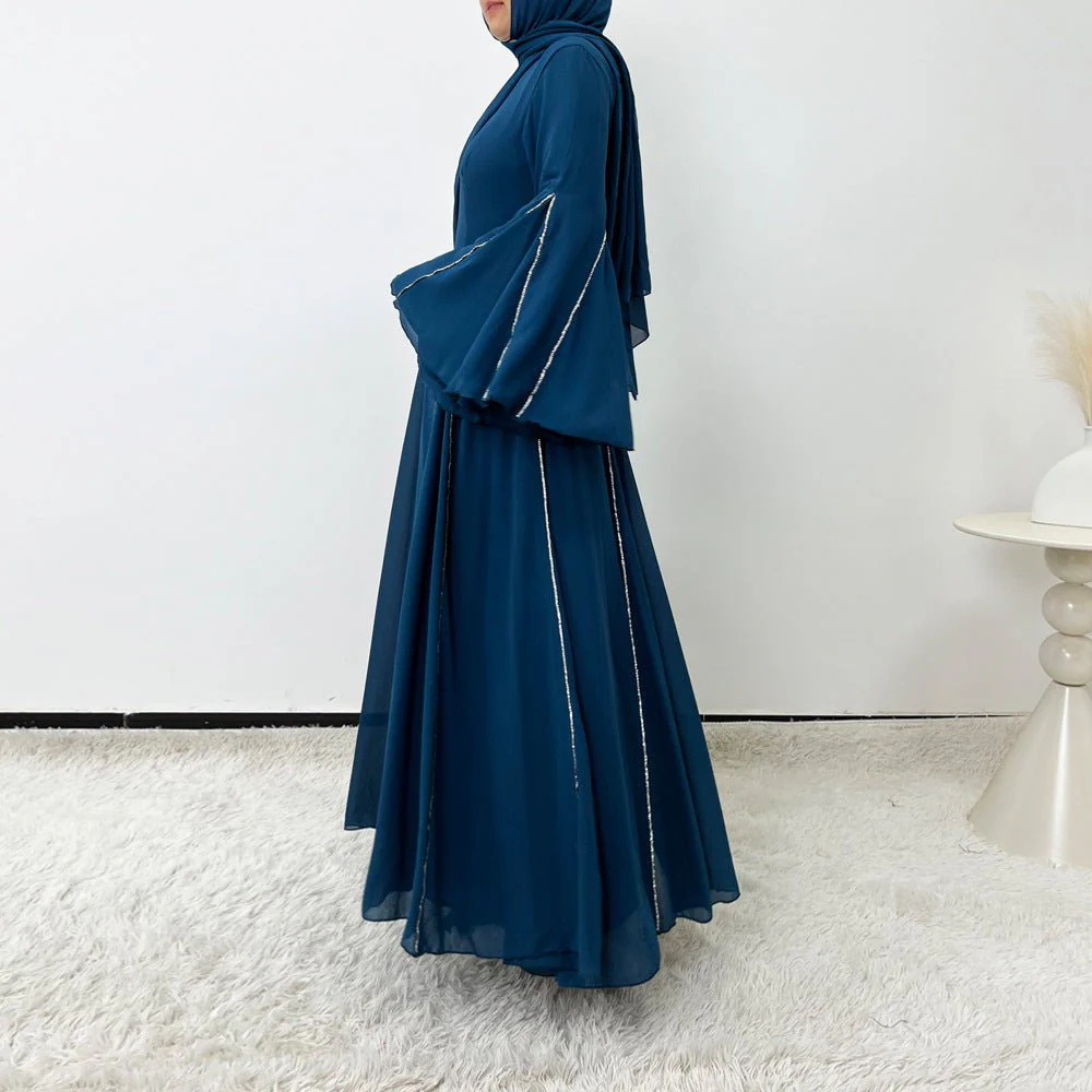 Elegant Chiffon Abaya Set with Hijab | Round Neck Bell Sleeve Maxi Dress with Rhinestone Trim (MA325) - Image 18