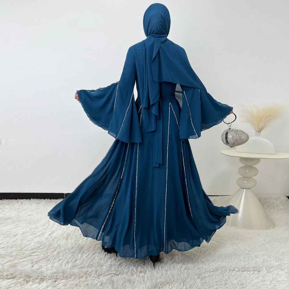Elegant Chiffon Abaya Set with Hijab | Round Neck Bell Sleeve Maxi Dress with Rhinestone Trim (MA325) - Image 19