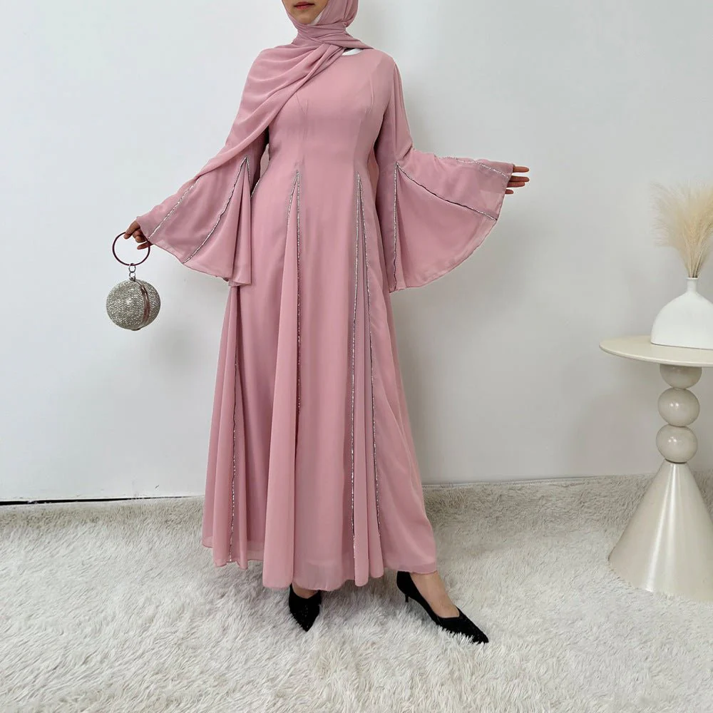 Elegant Chiffon Abaya Set with Hijab | Round Neck Bell Sleeve Maxi Dress with Rhinestone Trim (MA325) - Image 2