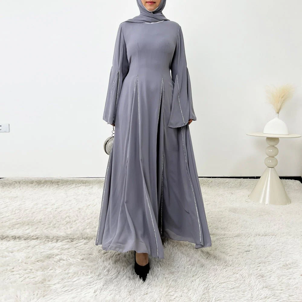 Elegant Chiffon Abaya Set with Hijab | Round Neck Bell Sleeve Maxi Dress with Rhinestone Trim (MA325) - Image 20