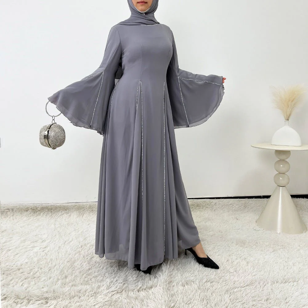 Elegant Chiffon Abaya Set with Hijab | Round Neck Bell Sleeve Maxi Dress with Rhinestone Trim (MA325) - Image 21