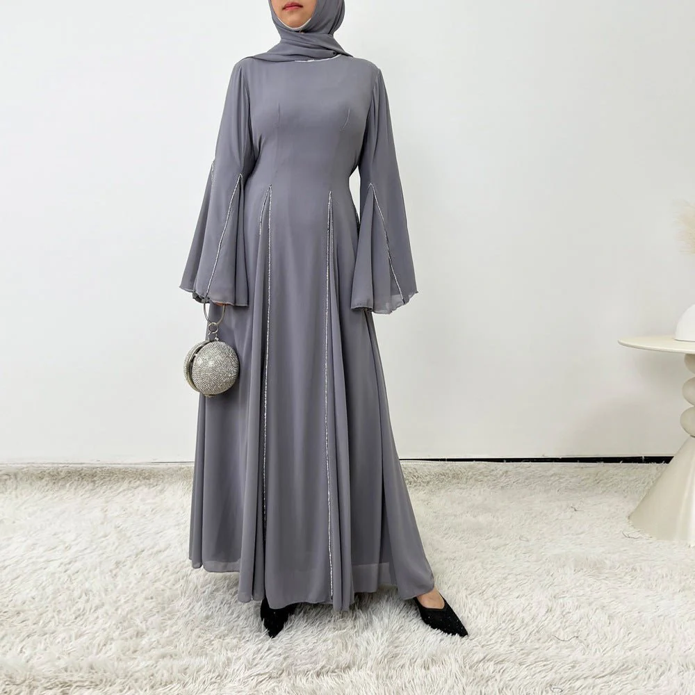 Elegant Chiffon Abaya Set with Hijab | Round Neck Bell Sleeve Maxi Dress with Rhinestone Trim (MA325) - Image 22