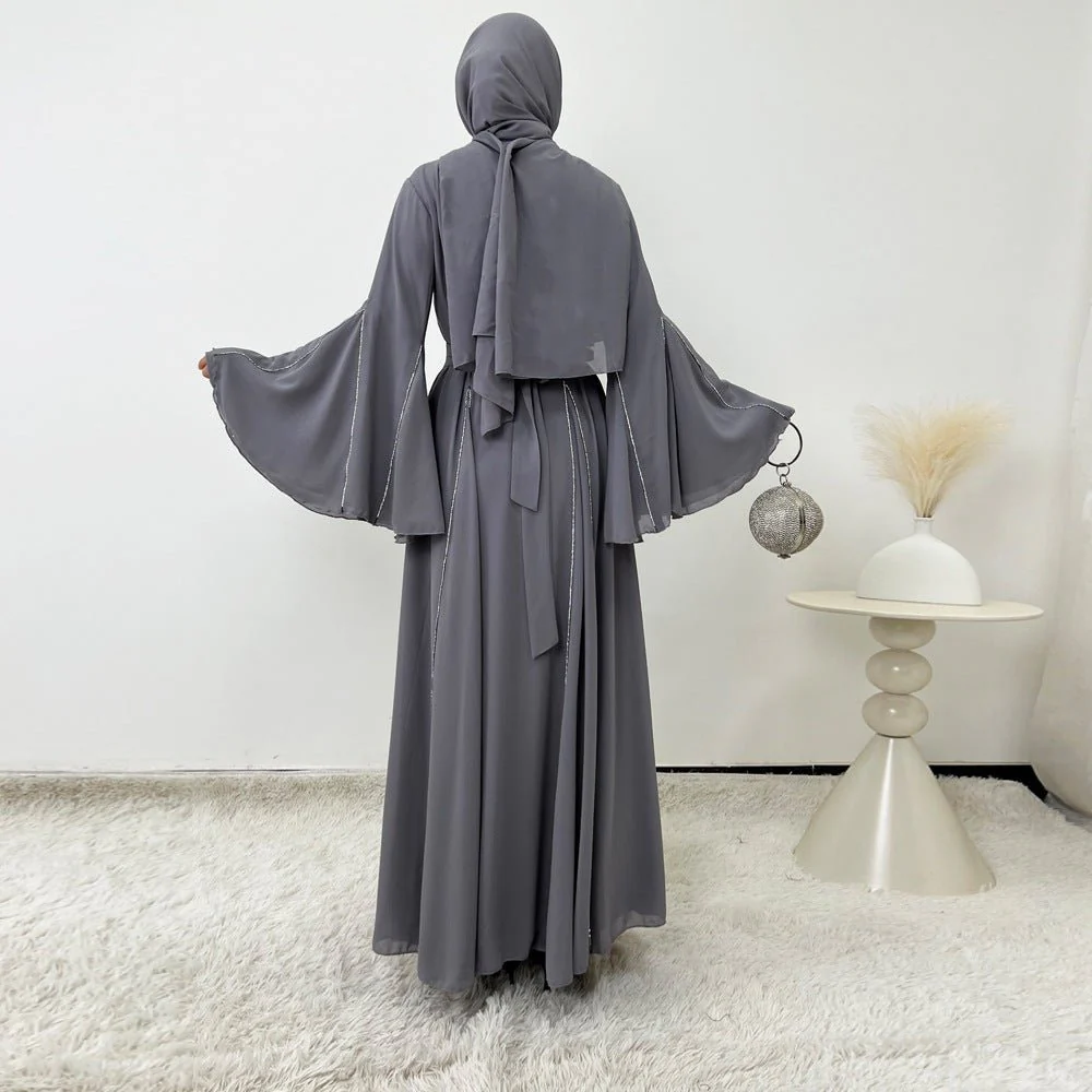 Elegant Chiffon Abaya Set with Hijab | Round Neck Bell Sleeve Maxi Dress with Rhinestone Trim (MA325) - Image 23