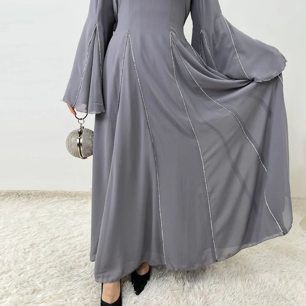 Elegant Chiffon Abaya Set with Hijab | Round Neck Bell Sleeve Maxi Dress with Rhinestone Trim (MA325) - Image 24