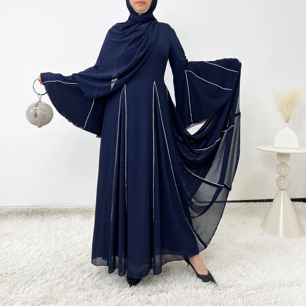 Elegant Chiffon Abaya Set with Hijab | Round Neck Bell Sleeve Maxi Dress with Rhinestone Trim (MA325) - Image 25