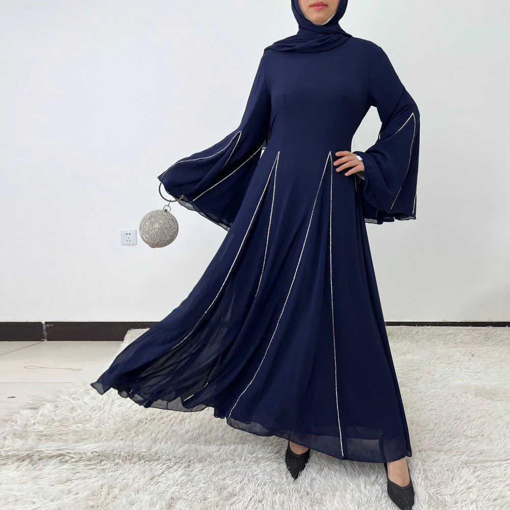 Elegant Chiffon Abaya Set with Hijab | Round Neck Bell Sleeve Maxi Dress with Rhinestone Trim (MA325) - Image 26