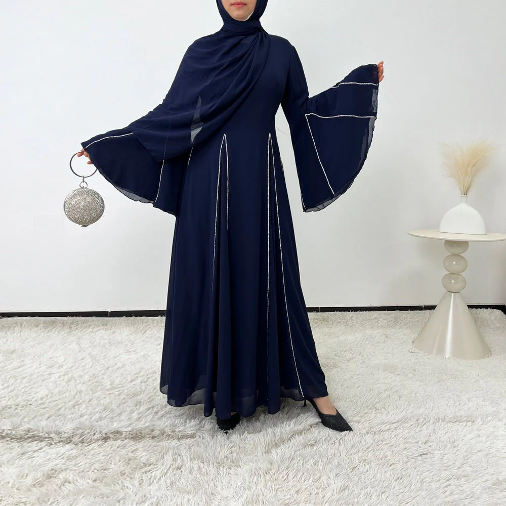 Elegant Chiffon Abaya Set with Hijab | Round Neck Bell Sleeve Maxi Dress with Rhinestone Trim (MA325) - Image 27