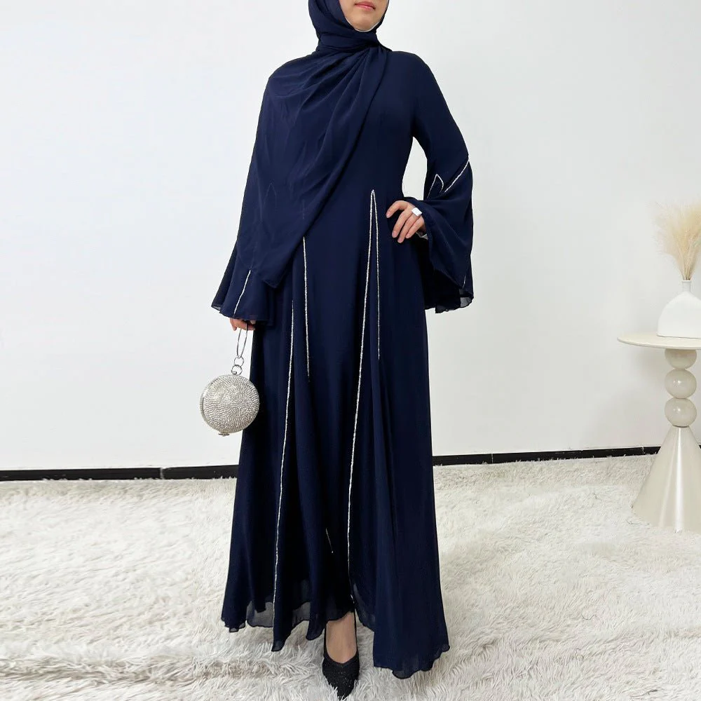 Elegant Chiffon Abaya Set with Hijab | Round Neck Bell Sleeve Maxi Dress with Rhinestone Trim (MA325) - Image 28
