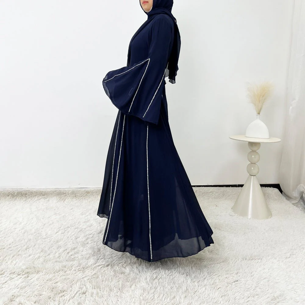 Elegant Chiffon Abaya Set with Hijab | Round Neck Bell Sleeve Maxi Dress with Rhinestone Trim (MA325) - Image 29