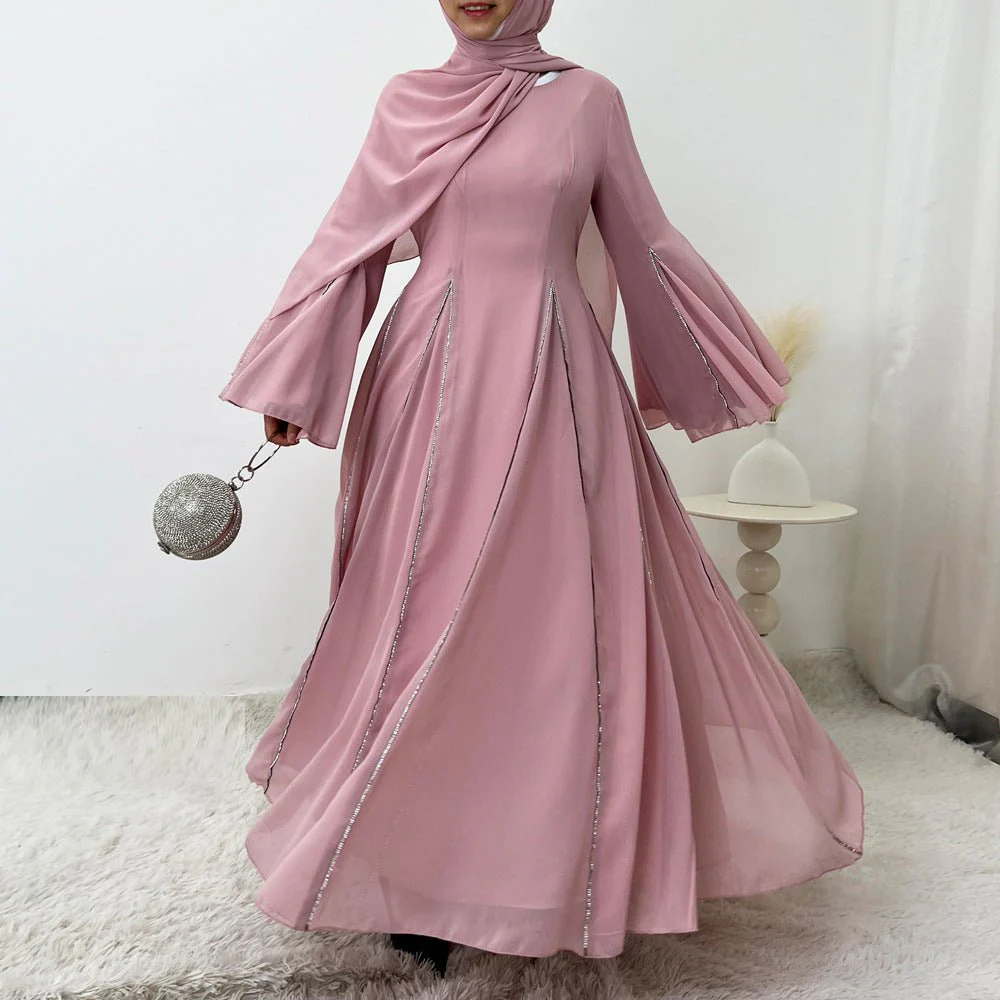 Elegant Chiffon Abaya Set with Hijab | Round Neck Bell Sleeve Maxi Dress with Rhinestone Trim (MA325) - Image 3
