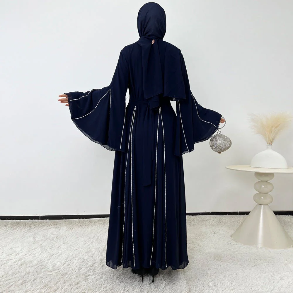 Elegant Chiffon Abaya Set with Hijab | Round Neck Bell Sleeve Maxi Dress with Rhinestone Trim (MA325) - Image 30