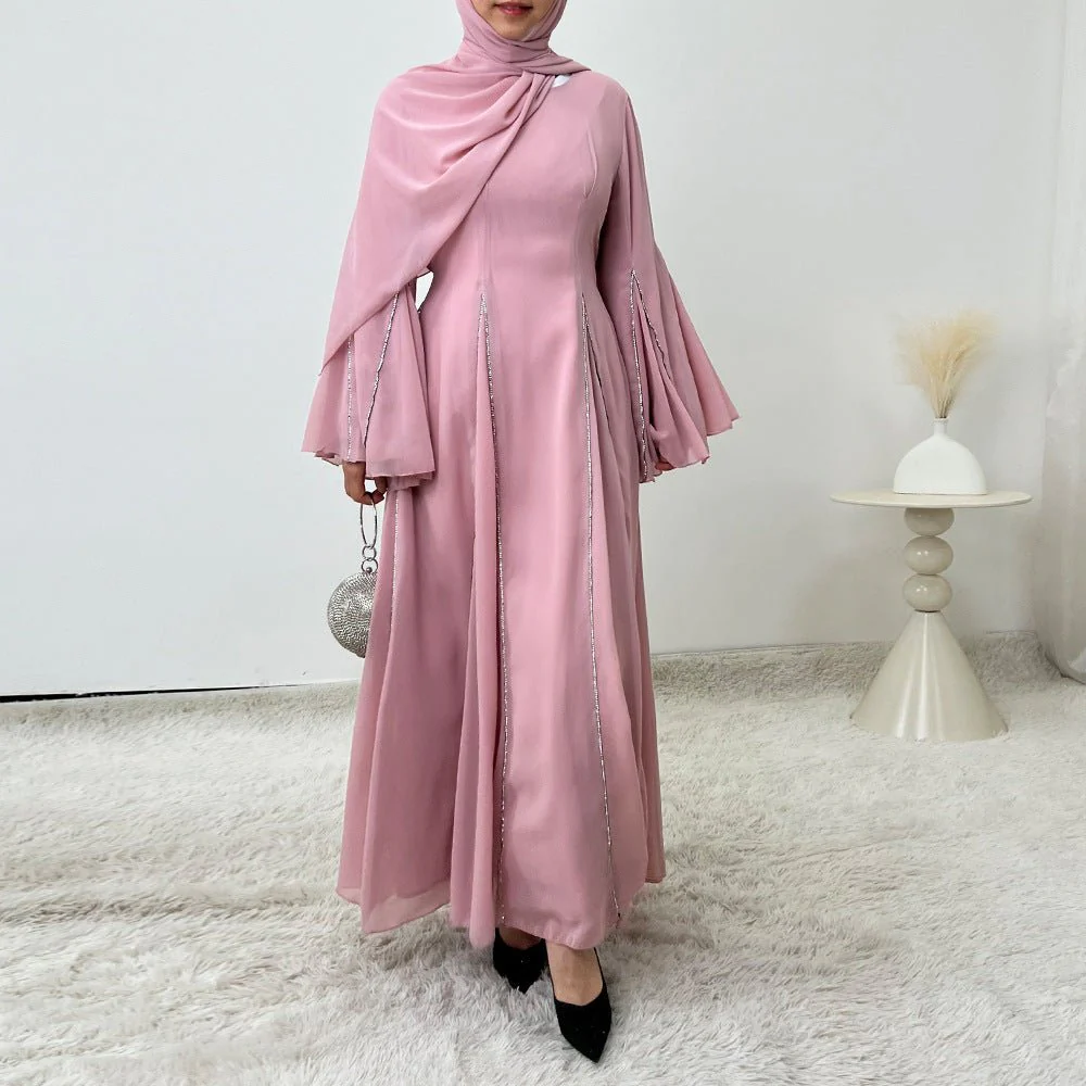 Elegant Chiffon Abaya Set with Hijab | Round Neck Bell Sleeve Maxi Dress with Rhinestone Trim (MA325) - Image 4