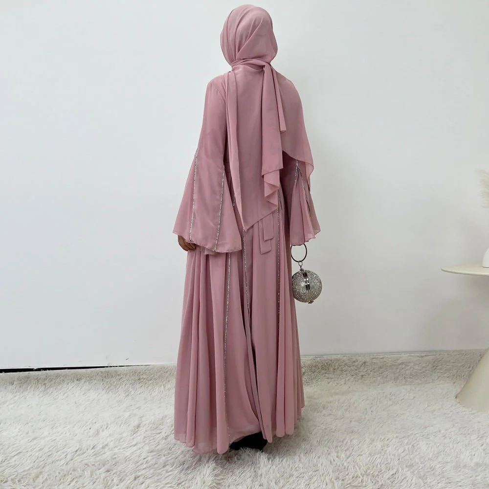 Elegant Chiffon Abaya Set with Hijab | Round Neck Bell Sleeve Maxi Dress with Rhinestone Trim (MA325) - Image 5